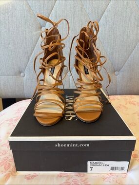 Shoemint Marcel Lace-Up Strappy Heels - Cognac Brown